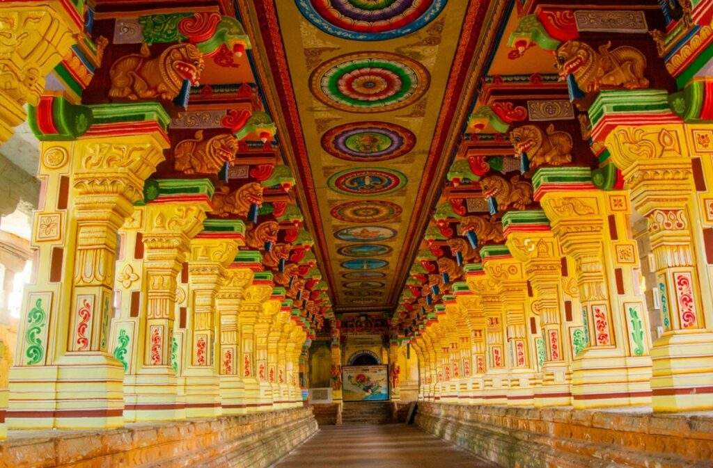 The magnificent corridors and massive sculptured pillars of Ramanathaswamy temple Rameswaram Tamil Nadu India transformed