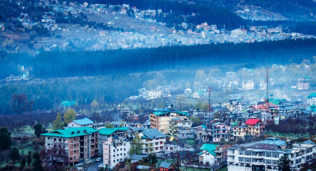 Aerial view of Manali city in India from the Mountain